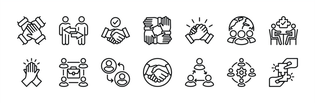 Successful business collaboration thin line icon set. Containing teamwork, cooperation, team working together, agreement, handshake,  support, help, group people, partnership, organization. Vector