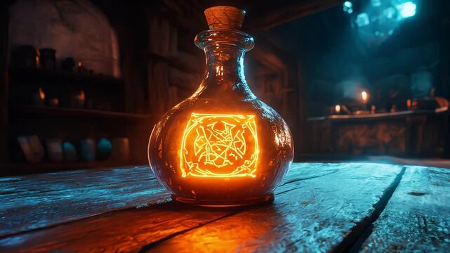 A potion bottle on a rustic table, surrounded by enchantment