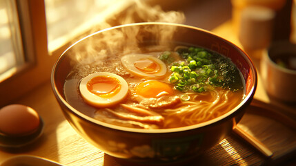 A bowl of hot ramen with a rich broth and toppings