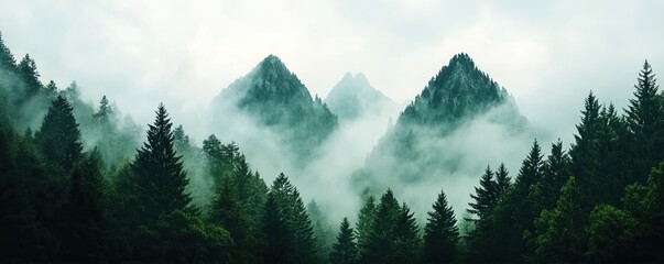Misty mountains with sharp peaks and a forest below piercing through the clouds