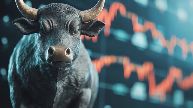 A powerful bull statue against a backdrop of fluctuating stock market graphs, symbolizing strength and growth in finance.