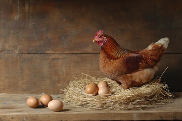 Orangish-brown hen laying eggs in her wooden nest on the farm
