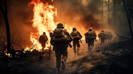 Soldiers Fearlessly Advancing Through Billowing Fire and Thick Smoke in Intense Combat