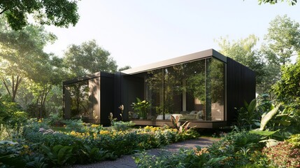 Eco-Friendly Modular Home Design with Native Garden Landscape 3D Render Illustration