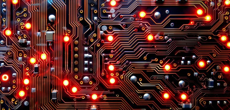 Placa electr&oacute;nica con peque&ntilde;os circuitos iluminados en rojo, mostrando un dise&ntilde;o detallado y complejo.
