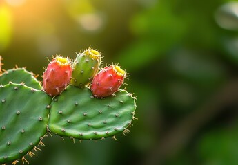 Obraz premium Close-up of cactus fruits surrounded by green leaves with blurred background