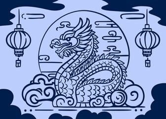Contour illustration with a dragon in Chinese style. Chinese new year. Traditional Chinese character. Asian mythological dragons. Blue color.