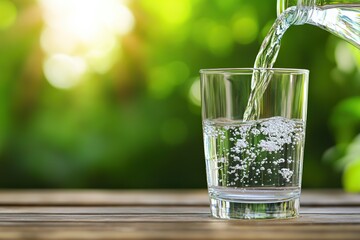 Water being poured into a glass on a wooden table in nature