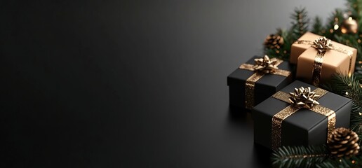 Black and gold Christmas presents on a dark banner for New Year celebrations