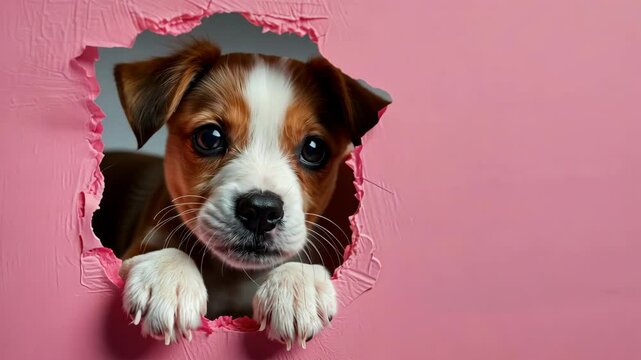 A small brown and white puppy peeks through a hole in a pink wall