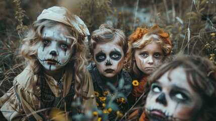 Four children are dressed in Halloween costumes