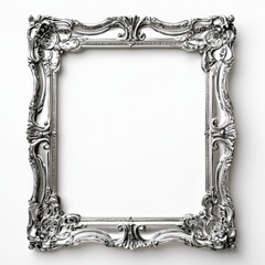 Ornate silver picture frame with intricate designs on white background