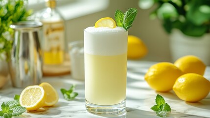 Fototapeta premium Cóctel espumoso de limón servido en un vaso alto, decorado con una rodaja de limón y menta fresca, con limones en el fondo. 