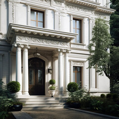 Obraz premium The entrance of an elegant neoclassical building features a portico supported by ornate columns, detailed stonework, and large windows.