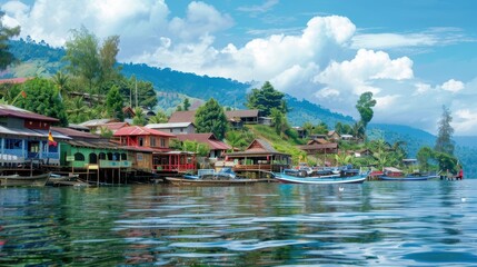Fototapeta premium Village on a lake with boats