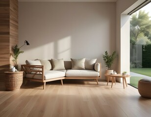 A modern living room with a wooden floor, a large sofa with white and beige cushions, and a wooden armchair.