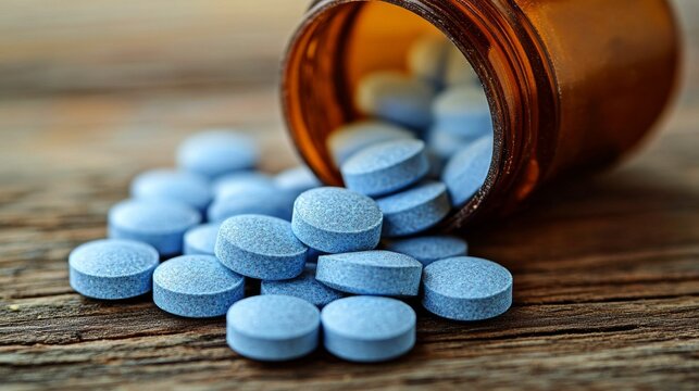 Frasco de vidrio marr&oacute;n volcado con tabletas azules derramadas sobre una mesa de madera, destacando la textura de las pastillas.
