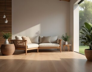 Fototapeta premium A modern living room with a wooden floor, a large sofa with white and beige cushions, and a wooden armchair.
