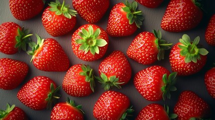 Una vista de arriba de fresas frescas dispuestas en un fondo oscuro, resaltando su color rojo...