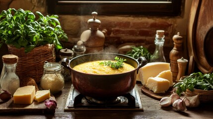 Warm Pot of Steaming Soup with Fresh Ingredients
