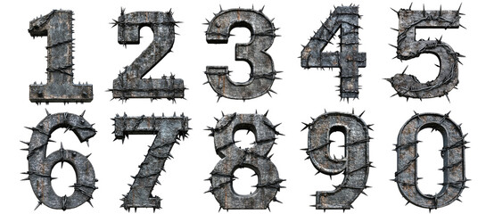 Metal grunge with sharp barbed wire spikes Numbers 0 1 2 3 4 5 6 7 8 9 set collection isolated on transparent background, PNG. Clipart template 