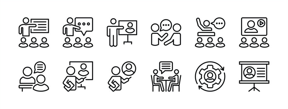 Business training and workshop excellent thin line icon vector set. Containing education, coaching, communication, presentation, discussion, learning, lecture, teaching, meeting, teamwork, briefing