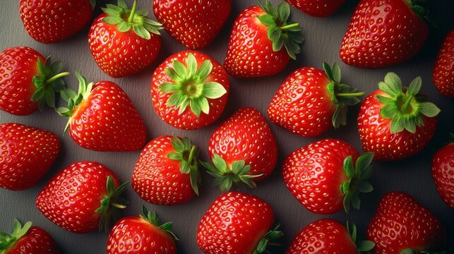 Una vista de arriba de fresas frescas dispuestas en un fondo oscuro, resaltando su color rojo vibrante y hojas verdes.
