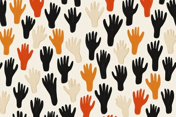 Abstract illustration of diverse raised hands in black white and brown tones symbolizing unity diversity and social equality in a modern graphic design with a bold color scheme