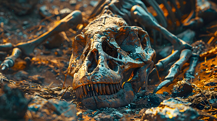 Obraz premium Unearthing a dinosaur skeleton at an excavation site, with fossilized bones partially exposed against the earth, highlighting paleontology exploration