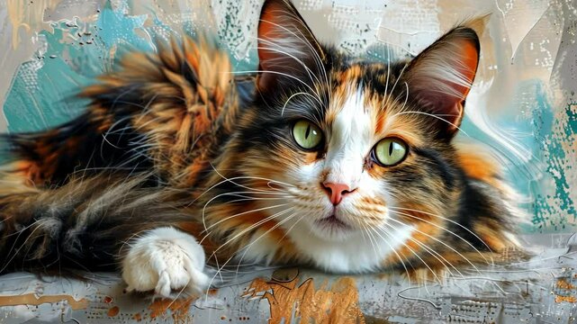 A calico cat with bright green eyes looks directly at the camera while resting on a colorful surface