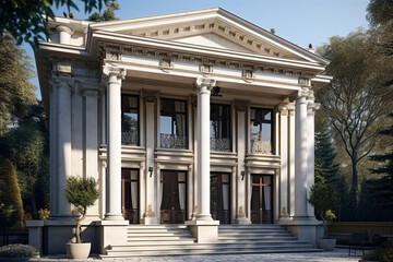 Obraz premium The exterior of a neoclassical mansion features tall Corinthian columns supporting an ornate pediment, large windows framed by wrought iron railings, and a broad staircase leading to the entrance.