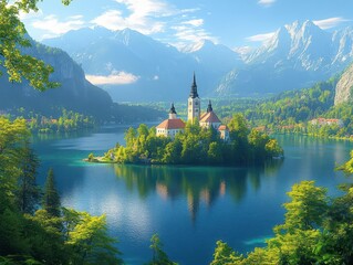 Fototapeta premium beautiful lake bled, with turquoise waters surrounded by lush green mountains, and an island featuring a charming church, illuminated by soft sunlight creating a magical atmosphere