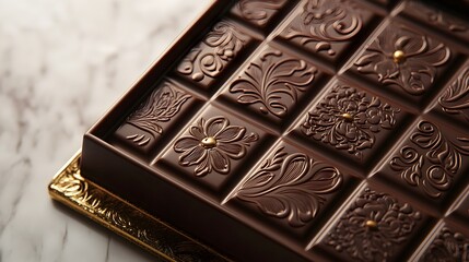 Sophisticated chocolate packaging with embossed patterns, deep tones, showcased on velvet surface, ultra-detailed 3D illustration, warm luxurious lighting, isolated on white background
