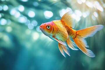 A vibrant goldfish gracefully swims in clear water, displaying its colorful scales under shimmering light.