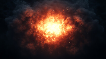 A dramatic explosion fills the frame, showcasing fiery orange and red hues amidst dark smoke, creating a powerful visual impact.