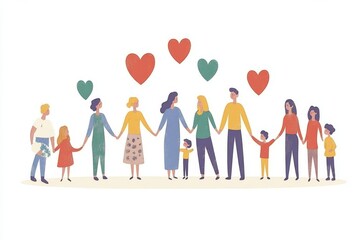 Fototapeta premium Cheerful family illustration of parents and children holding hands with hearts floating around symbolizing love unity and affection in a joyful heart filled design with bright colors