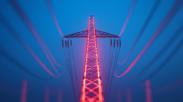 A stunning view of a high-voltage electric tower illuminated with red light against a deep blue sky, showcasing modern engineering in power transmission.