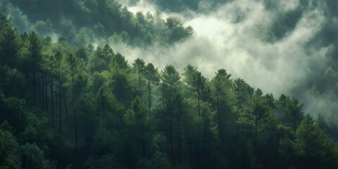 Naklejka premium A dense forest shines in lush green hues, enveloped in a mystical mist, evoking peace and natural harmony.