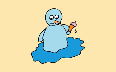 Yellow and blue hand drawn doodle vector postcard. Spring, a snowman with ice cream on the sand is melting from the heat. Spring and summer holidays vector illustration. Object of web design.