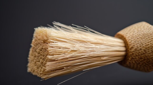 A macro shot of a bamboo pastry brush emphasizing the soft bristles and sy bamboo handle. The natural fibers of the bristles are clearly visible.