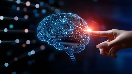 Artificial Intelligence Connection, a human hand reaching out to interact with a glowing digital brain, symbolizing the fusion of humanity and technology