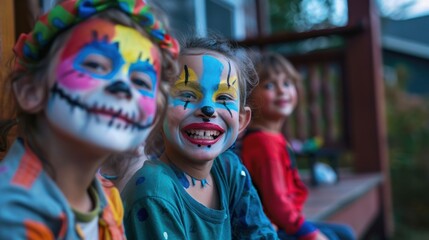 Three children are sitting on a porch, all wearing face paint and smiling