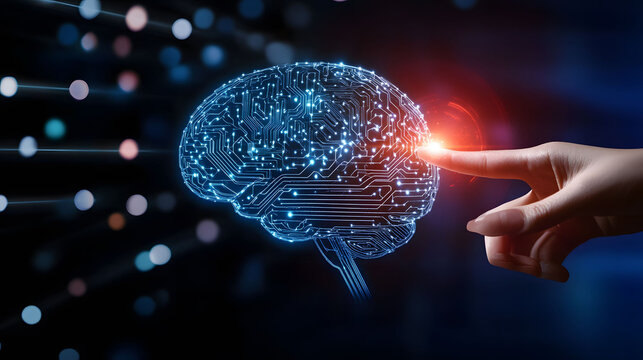 Artificial Intelligence Connection, a human hand reaching out to interact with a glowing digital brain, symbolizing the fusion of humanity and technology