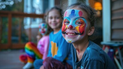 Three children are sitting on a porch, all wearing face paint and smiling