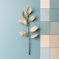 A white and blue leaf contrasts against a minimalist block pattern, embodying simplicity in modern art.