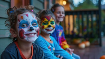 Three children are sitting on a porch, all wearing face paint and smiling