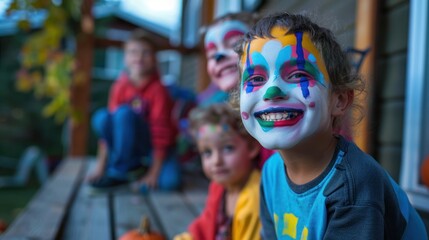 Three children are sitting on a porch, all wearing face paint and smiling