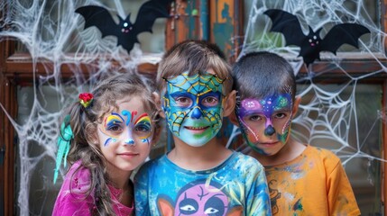 Three children with Halloween makeup on their faces