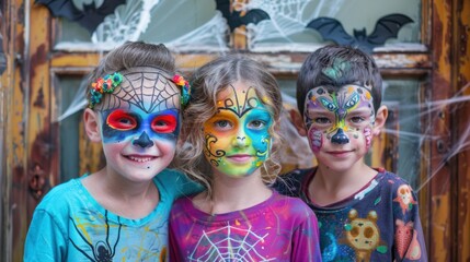 Three children with Halloween makeup on their faces