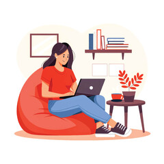 a woman sits on a red couch with a laptop.